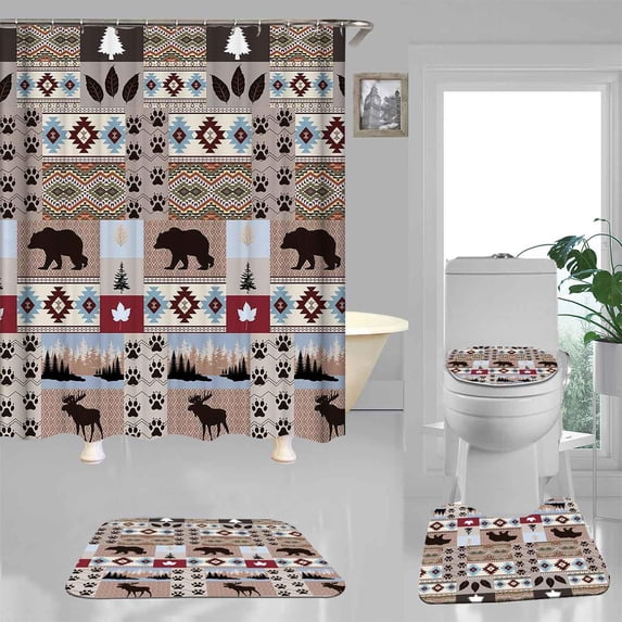 4PCS Deer Antler Shower Curtain Set with Rugs, Green Pine Tree Misty ...