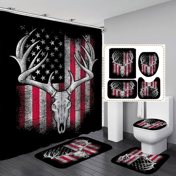 4PCS Deer Shower Curtain Set, Camo Camouflage Black American Flag Moose Elk Woodland Animal Hunting Lodge Cabin Country Rustic Farmhouse Bathroom Decor Fabric Shower Curtain, Non-slip Bath Mat