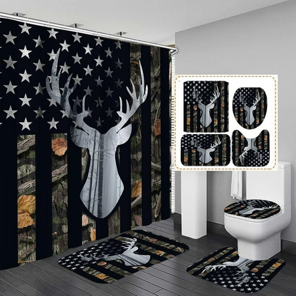 4PCS Deer Shower Curtain Set, Camo Camouflage Black American Flag Moose Elk Woodland Animal Hunting Lodge Cabin Country Rustic Farmhouse Bathroom Decor Fabric Shower Curtain, Non-slip Bath Mat