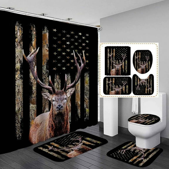 4PCS Deer Shower Curtain Set, Camo Camouflage Black American Flag Moose Elk Woodland Animal Hunting Lodge Cabin Country Rustic Farmhouse Bathroom Decor Fabric Shower Curtain, Non-slip Bath Mat
