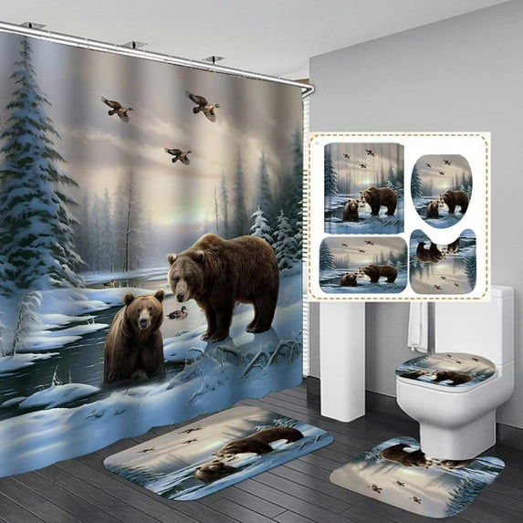4PCS Deer Shower Curtain Set, Country Mountain Pine Tree Foggy Woodland Elk Birds Wildlife Animals Hunting Lake Cabin Rustic Farmhouse Bathroom Decor, Non-Slip Bath Mat, Crescent Moon