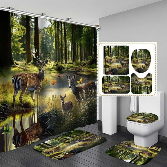 4PCS Deer Shower Curtain Set, Country Mountain Pine Tree Foggy Woodland Elk Birds Wildlife Animals Hunting Lake Cabin Rustic Farmhouse Bathroom Decor, Non-Slip Bath Mat, Crescent Moon