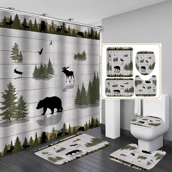 4PCS Deer Shower Curtain Set, Moose Elk Bear Pine Tree Woodland Animal Wildlife Hunting Lodge Cabin Country Rustic Farmhouse Bathroom Decor, Waterproof Fabric Shower Curtain, Non-slip Bath Mat