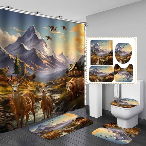 4PCS Deer Shower Curtain Sets with Rugs, Waterproof Fabric Shower Curtain, Blue Sky White Cloud Fall Forest Bear Elk Moose Mallard Duck Wildlife Lake Lodge Hunting Rustic Cabin Bathroom Decor