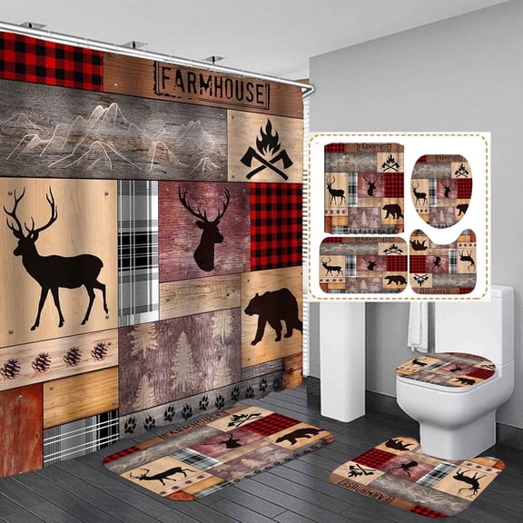 4PCS Deer Skull Shower Curtain Set, Black American Flag Pine Tree Woodland Elk Moose Wildlife Hunting Man Cave Patriotic Country Farmhouse Rustic Bathroom Decor, Non-Slip Bath Mat, Shotgun