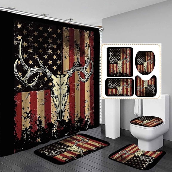 4PCS Deer Skull Shower Curtain Set, Black American Flag Pine Tree Woodland Elk Moose Wildlife Hunting Man Cave Patriotic Country Farmhouse Rustic Bathroom Decor, Non-Slip Bath Mat, Shotgun