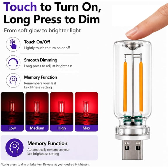 4PCS Dimmable USB Touch Control Led Night Lights, Glass Plug in USB Light Bulbs, Cute Interior Car Lights, Retro Led Ambient Lighting, Small Mood Lamp for Bedroom, Hallway, Nursery, Camping