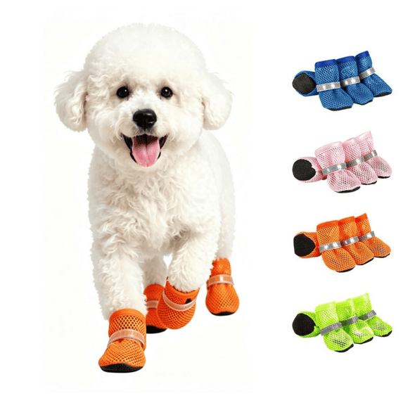 4PCS Dog Mesh Shoes, Reflective Breathable Pet Booties, Non‑Slip Wear‑Resistant Paw Protectors for Small Medium Dogs