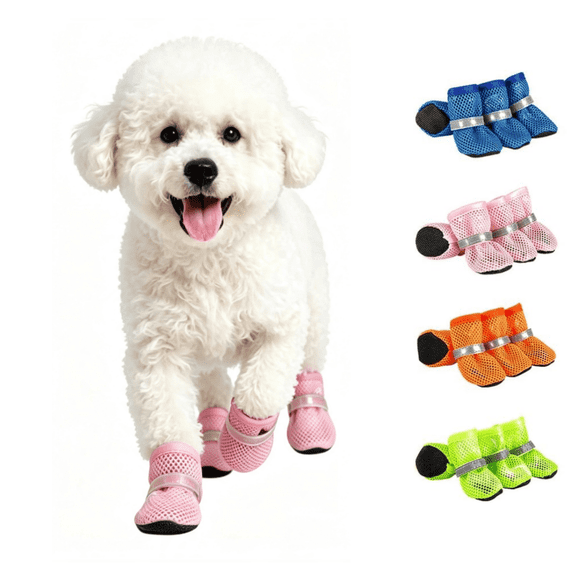 4PCS Dog Mesh Shoes, Reflective Breathable Pet Booties, Non‑Slip Wear‑Resistant Paw Protectors for Small Medium Dogs