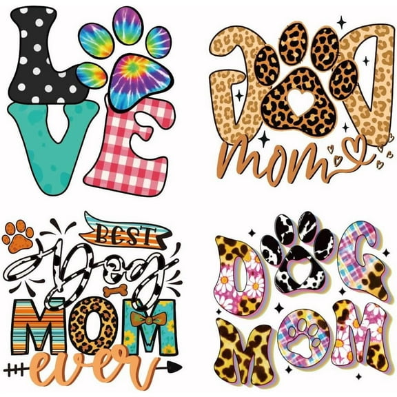4PCS Dog Mom Iron On Transfer Patches Love Dog Heat Transfer Stickers DIY Leopard Print Iron On Decals Washable Heat Transfers Paper for Clothing T-Shirt Backpacks Bag Pillow