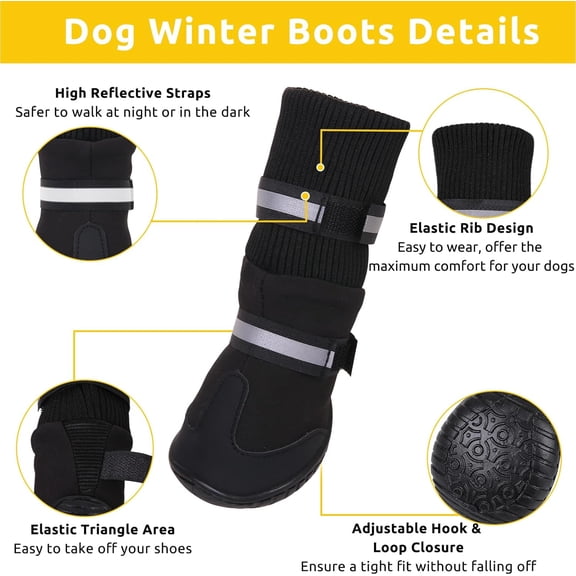 4PCS Dog Shoes, high top Waterproof Anti-Slip wear-Resistant Sturdy, Non-Slip Sole Winter Dog Big Cotton Boots with Reflective Strap Dog Boots for Large Dogs for Hiking, Outdoor Pet Sneakers(Black)