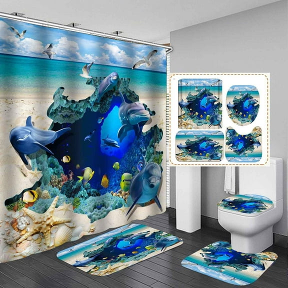 4PCS Dolphin Shower Curtain Set, Waterproof Fabric Shower Curtain, Non-Slip Bath Mat Bathroom Rugs, Ocean Underwater World Tropical Fish Marine Colorful Coral Nautical Coastal Bathroom Decor