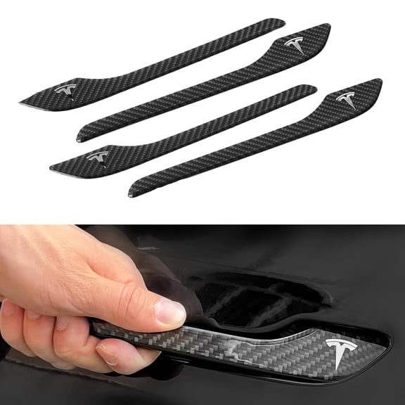 4PCS Door Handle Cover Compatible with Tesla Model 3 (2019-2025) Highland Model Y (2020-2026)  Real Carbon Fiber 3D Sticker Wrap Covers Exterior Trim Door Sill Protector Accessories (Black)
