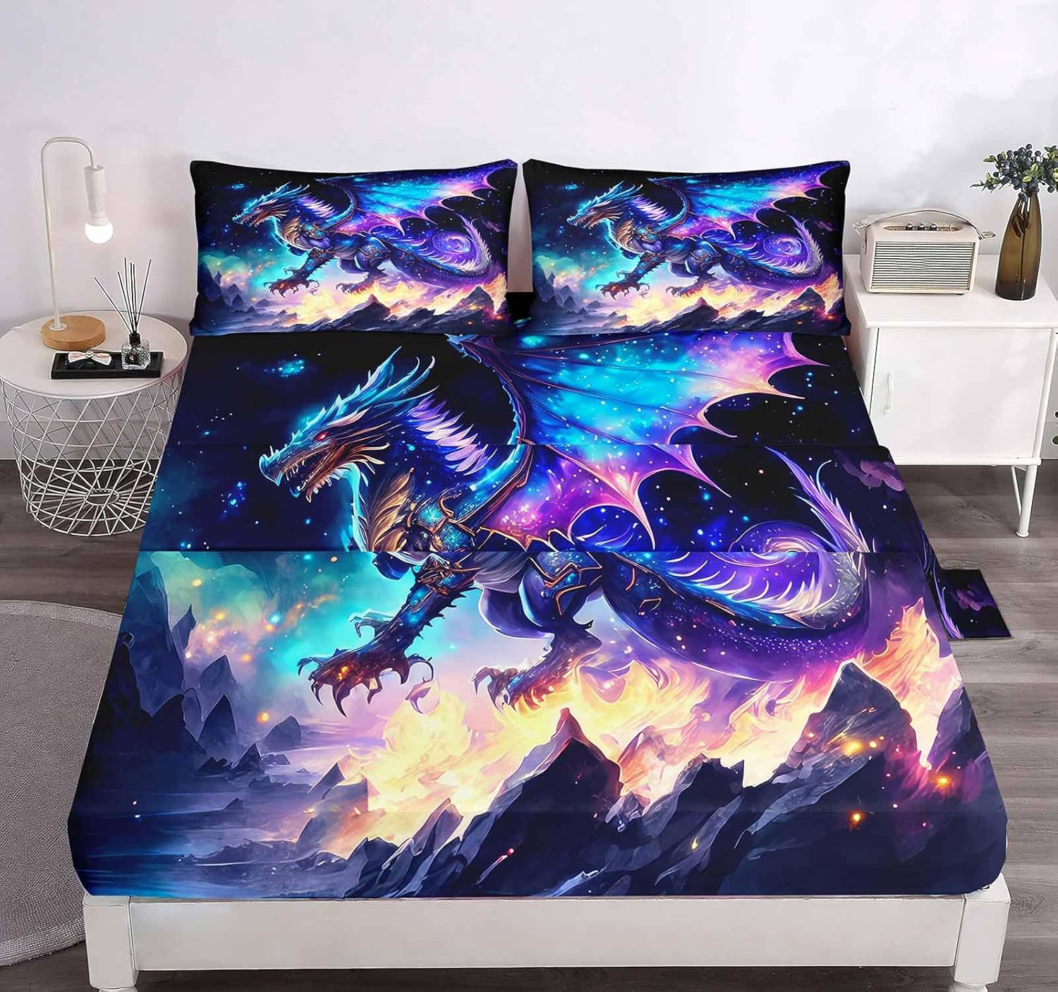 4PCS Dragon Sheets Set, Twin Bed Sheets, Blue Purple Galaxy Sheets