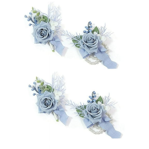 4PCS Blue Corsage and Boutonniere Set, Prom Artificial Flower Wrist Corsage Bracelets