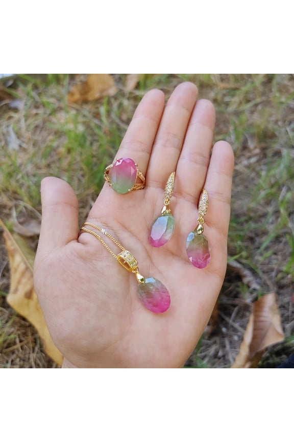 4PCS EXQUISITE OVAL GREEN BLUE GRADIENT RHINESTONE PENDANT JEWELRY SET, Includes A NECKLACE, A Ring and A Pair of Earrings, Suitable for Daily Life,Green Pink Gradient