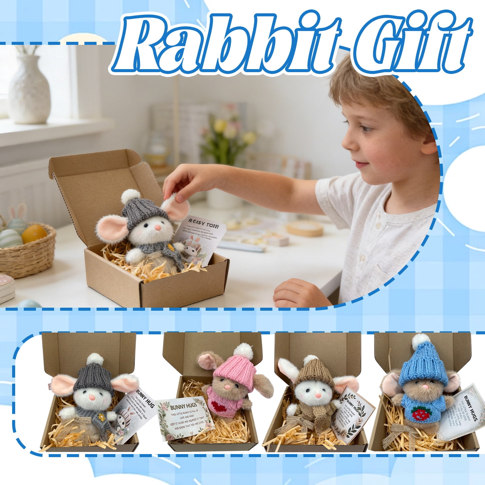 4PCS Easter Bunny Hug Plush Gift 7.09 Inch Handmade Yarn Rabbit for Kids Easter Basket Stuffers, Cute Easter Decorations for Home Tabletop Display