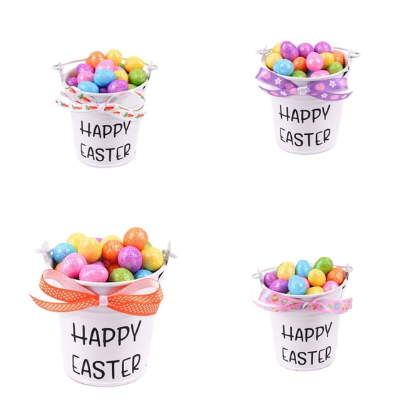 4PCS Easter Egg Planter Happy Easter Bucket Desktop Decoration with Artificial Colorful Eggs & Tie for Spring Table Centerpiece Tiered Tray Decor Metal Pail