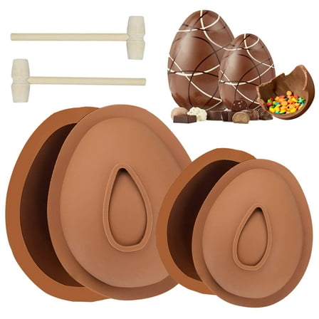 4PCS Easter Egg Silicone Mold for Chocolate Breakable Large Baking Molds Non-Stick DIY Baking Cake Candy Molds with 2 Wood Hammers for Easter Decorations Brown