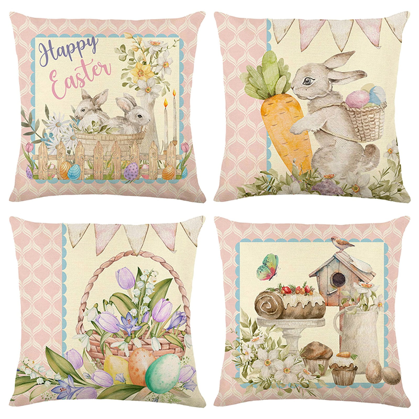4PCS Easter Pillow Bunny Egg Printed Linen Pillow Cover Easter Holiday
