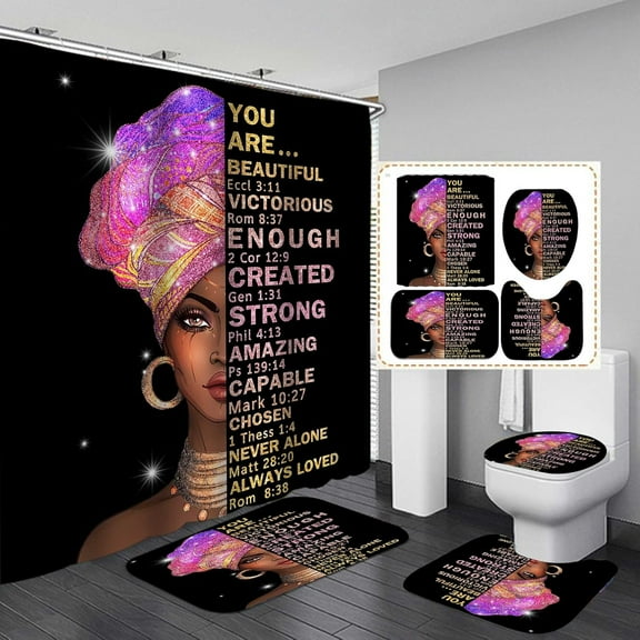 4PCS Elegant African American Woman Shower Curtain Set, Pink Floral Eiffel Tower High Heels Positive Quotes Sexy Afro Black Girl Melanin Queen Fashion Bathroom Decor, Non-slip Bath Mat