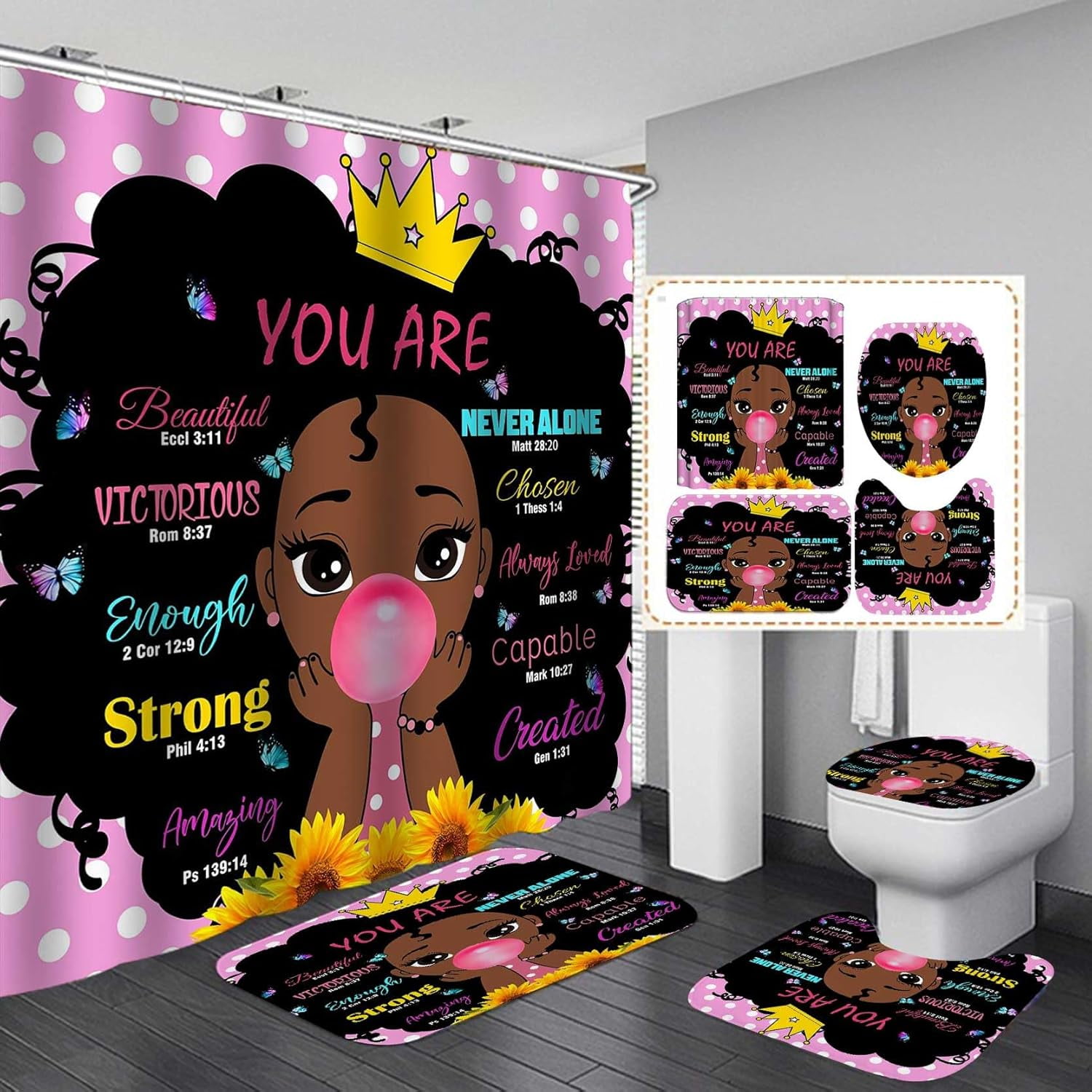 MESHELLY African American Woman Shower Curtain - Teal Floral Rose With Quote, 60x72 Inch, Waterproof Polyester With Hooks