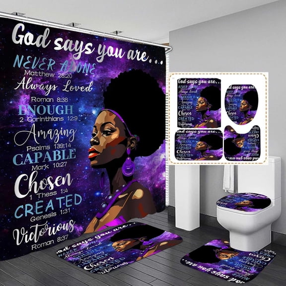 4PCS Elegant African American Woman Shower Curtain Set, Pink Floral Eiffel Tower High Heels Positive Quotes Sexy Afro Black Girl Melanin Queen Fashion Bathroom Decor, Non-slip Bath Mat