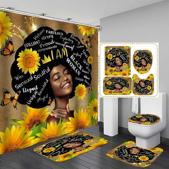 4PCS Elegant African American Woman Shower Curtain Set, Pink Floral Eiffel Tower High Heels Positive Quotes Sexy Afro Black Girl Melanin Queen Fashion Bathroom Decor, Non-slip Bath Mat