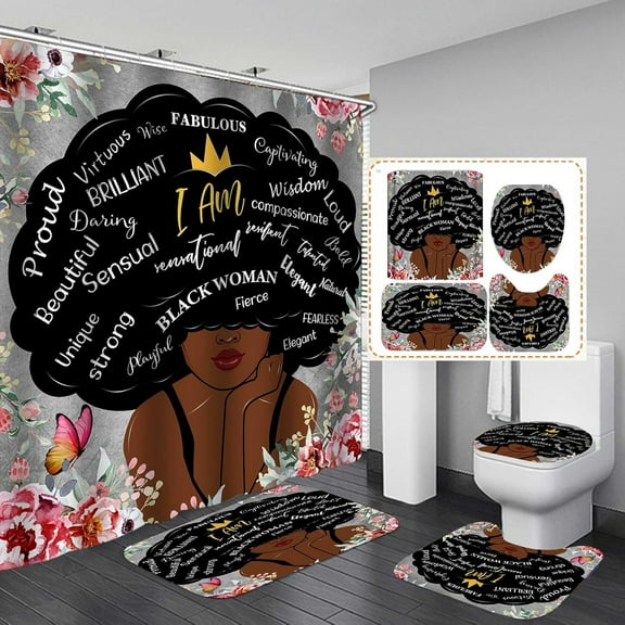 4PCS Elegant African American Woman Shower Curtain Set, Pink Floral Eiffel Tower High Heels Positive Quotes Sexy Afro Black Girl Melanin Queen Fashion Bathroom Decor, Non-slip Bath Mat