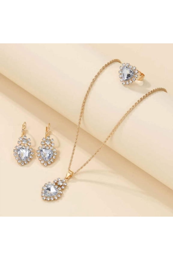 4PCS Elegant Jewelry Set Shining Zircon Necklace Earrings Ring Set Waterdrop Love Heart Diamond Pendant For Banquet Party Jewelry Women Gifts