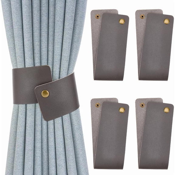 4PCS Elegant Leather Window Treatment Holdback PU Leather Curtain Tie Backs Gray Vintage Style Drapery Rope Tiebacks Retro Curtain Buckle with Snap