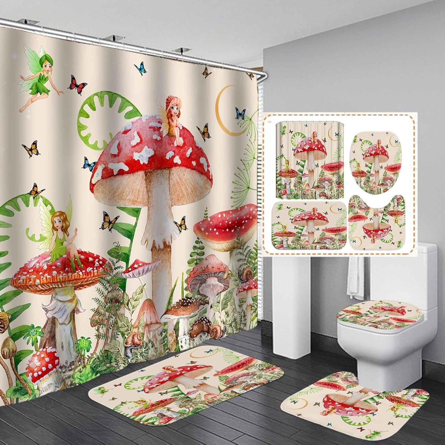 4PCS Elf Red Mushroom Shower Curtain Set, Moon Star Butterfly Green ...