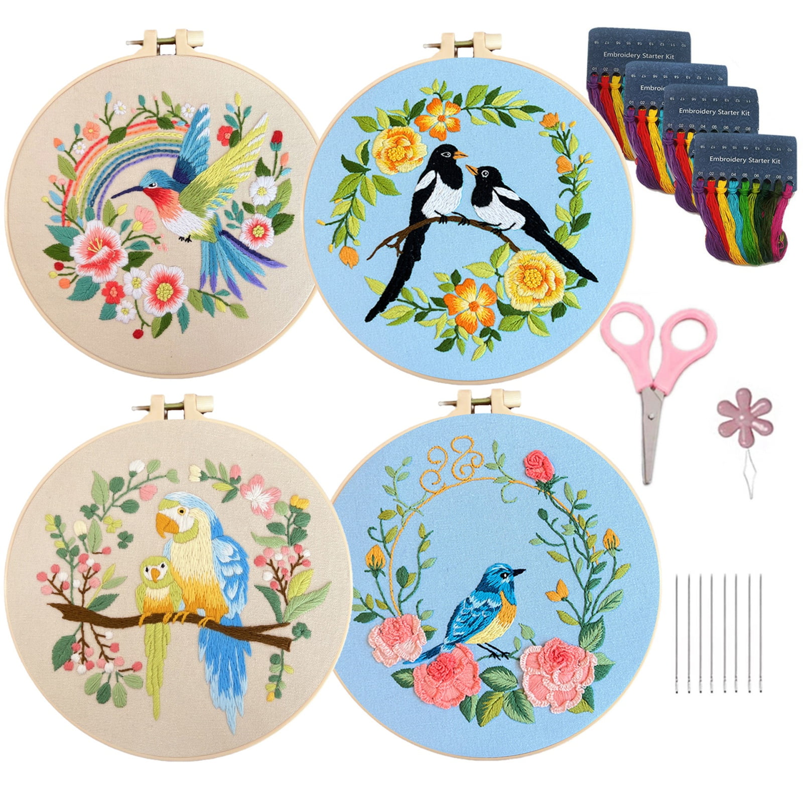 4PCS Embroidery Kit for Beginners, Art Craft Handy Sewing Set Hummingbird and Flower Cross Stitch Starter Kits, DIY Embroidery Kits with Patterns and Instructions Hoops Needles Threads