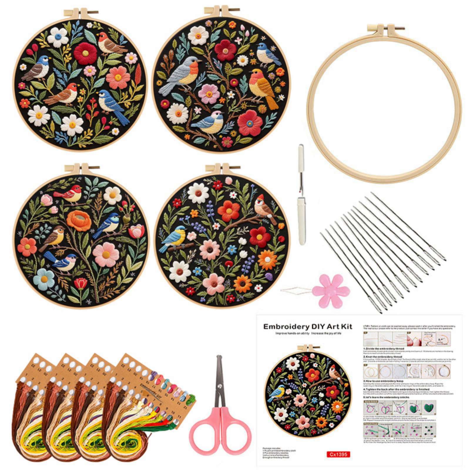4PCS Embroidery Kit for Beginners, Birds with Flowers Cross Stitch Set for Include Embroidery Cloth Hoops Threads for Craft Lover Hand Stitch