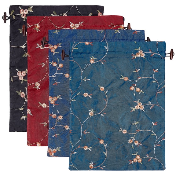 4PCS Embroidery Silk Flower Shoe Bags 4Colors 35x26cm/13.8x10.2inch Rectangle Embroidery Flower Burlap Packing Pouches