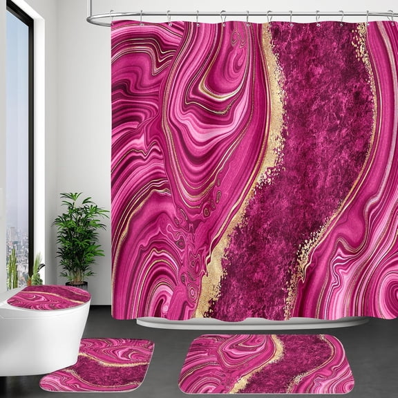 4PCS Emerald Green Marble Bathroom Set with Shower Curtain sets, Bath Mat, Toilet Lid Cover & U-Shaped Rug, Dark Green Shower Curtain Set for Bathroom