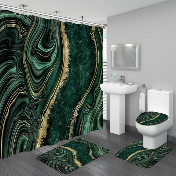 4PCS Emerald Green Marble Bathroom Set with Shower Curtain, Bath Mat, Toilet Lid Cover & U-Shaped Rug, Dark Curtain for