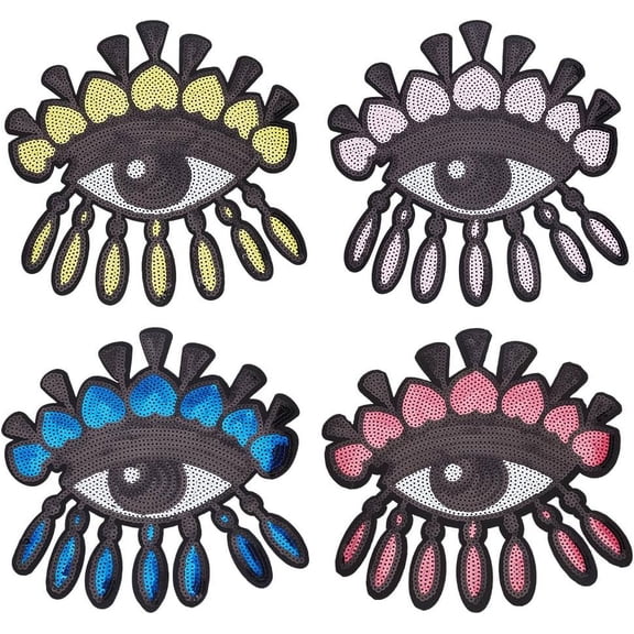 4PCS Evil Eyes Sequin Applique Patches Iron on Embroidery Patches DIY Applique Eye Patches with Tassel DIY Jeans Jacket Women's Clothing Handbag Caps Shoes Decorative