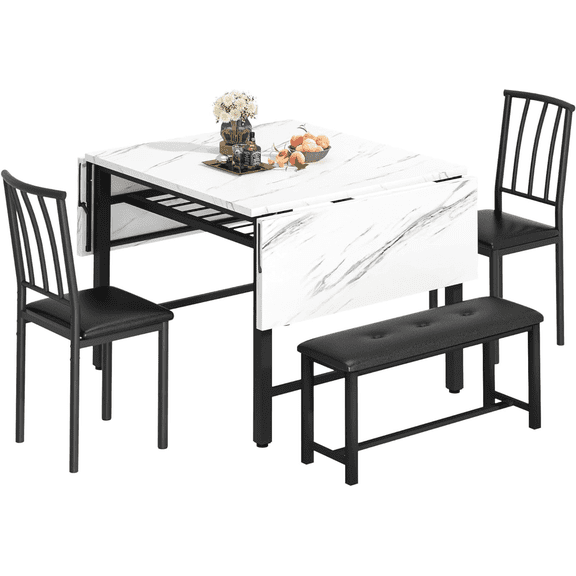 MOOSENG 4PCS Extendable Dining Table Set | 63" Faux Marble Kitchen Table Set with 1 Bench & 2 Backrest Chairs | Dining Table Set with Drop Leaf for Small Space