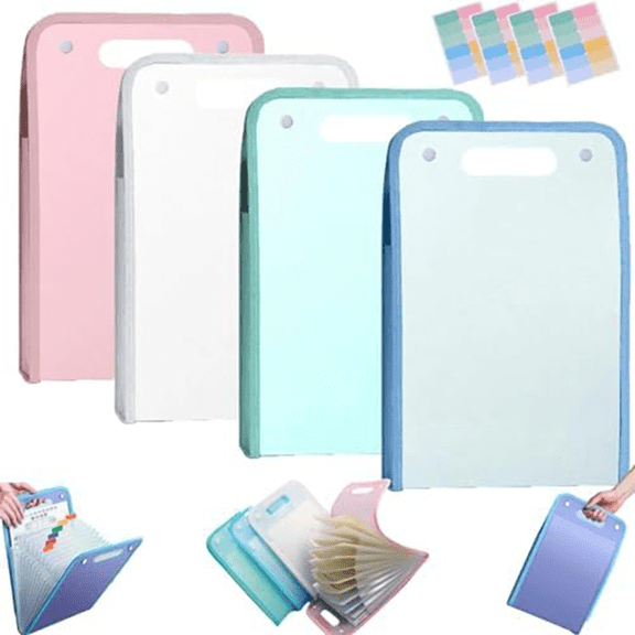 4PCS Extended Waterproof Folder, Vertical File Manager with Handle 13 Pocket A4 Multi-Page Portable Office Folders E