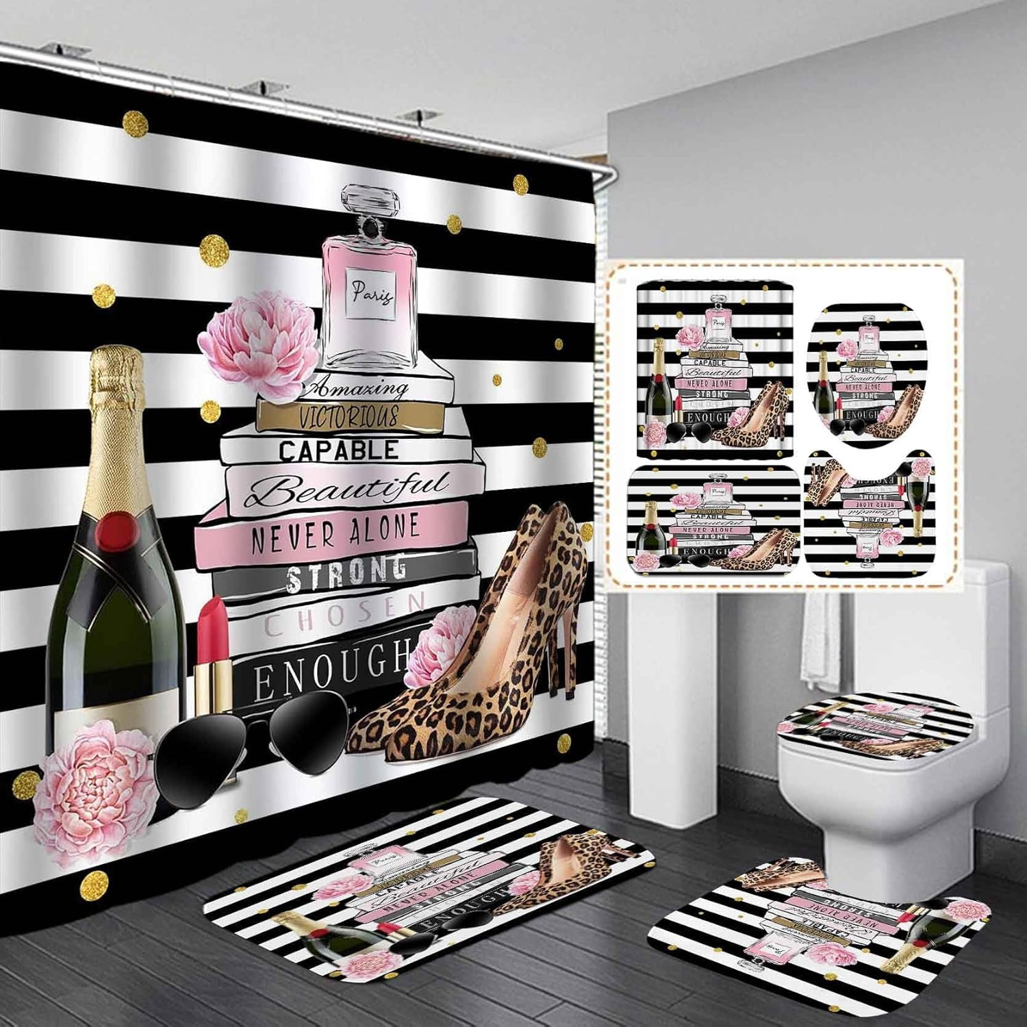 4PCS Eyelash Shower Curtain Set, Hello Gorgeous Bling Silver Glitter ...