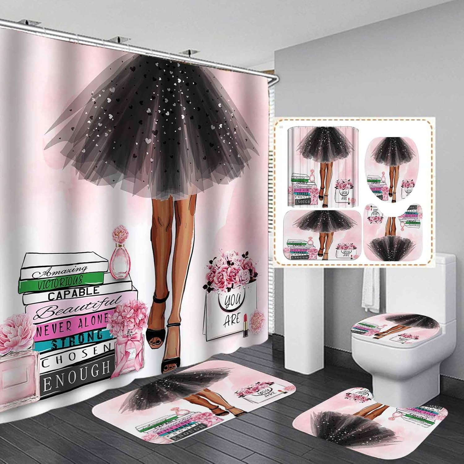 4PCS Eyelash Shower Curtain Set, Hello Gorgeous Bling Silver Glitter ...