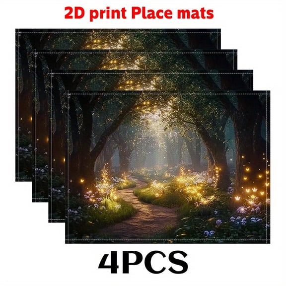 4PCS Fairy Forest Theme Placemats (2D Print) Featuring a Dreamy Forest Path, Measuring 12X18 Inches - Elegant Table Setting Mat for Handcrafted Dining, Perfect for Cottage-Style Homes
