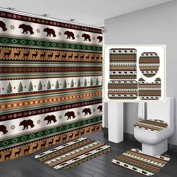 4PCS Fall Forest Deer Shower Curtain Sets with Rugs, Waterproof Fabric Shower Curtain, Autumn Woodland Animals Elk Moose Wildlife Nature Hunting Country Rustic Farmhouse Cabin Bathroom Decor