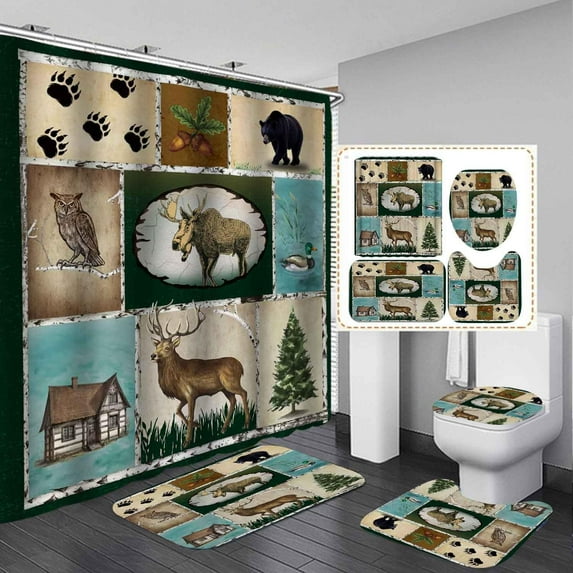 4PCS Fall Forest Deer Shower Curtain Sets with Rugs, Waterproof Fabric Shower Curtain, Autumn Woodland Animals Elk Moose Wildlife Nature Hunting Country Rustic Farmhouse Cabin Bathroom Decor