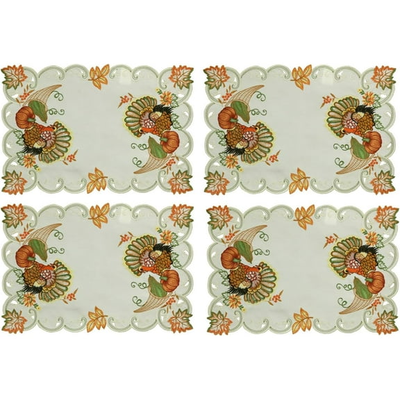 4PCS Fall Harvest Thanksgiving Placemats 11x17”, Embroidered Turkey Pumpkin Maple Leaf Place Mats Tray Cloths , Set of 4 Pieces
