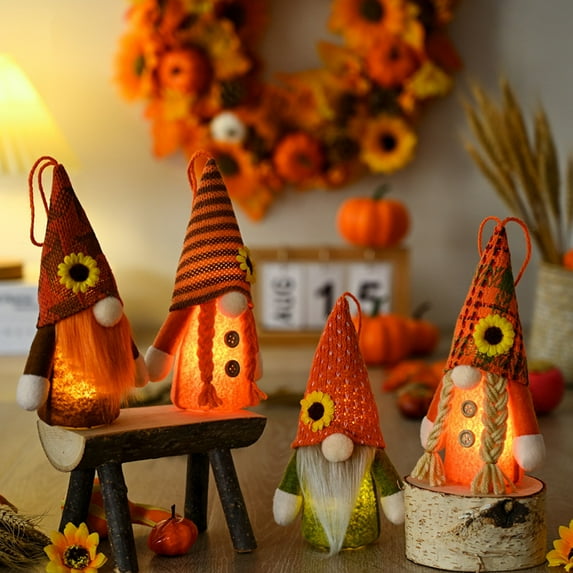 4PCS Fall Lighted Plush Gnome Thanksgiving Decorations, Handmade Table Swedish Gnomes Tomte Light Up Elf, Autumn Figurine Gifts, Tabletop Housewarming Present Holiday Decor
