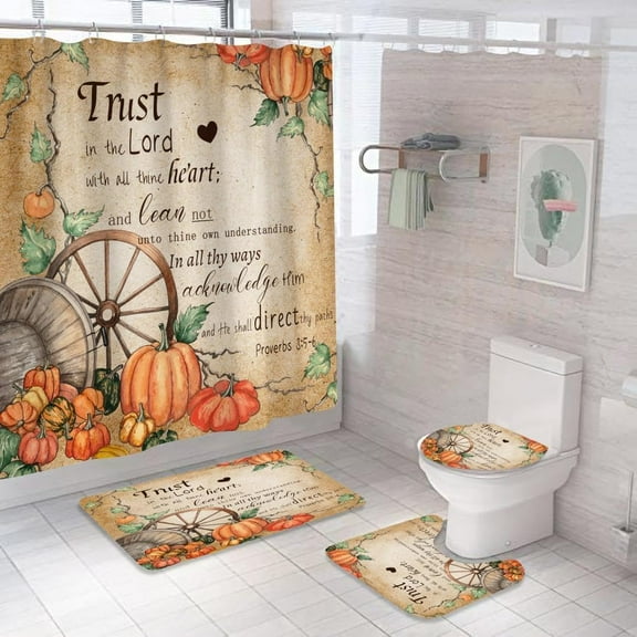 4PCS Fall Pumpkins Maple Leaf Shower Curtain Sets, with Non-Slip Rugs, Toilet Lid Cover and Bath Mat Autumn Leaves Harvest Thanksgiving Farmhouse Watercolor Seasonal for Bathroom Decor, 72X72