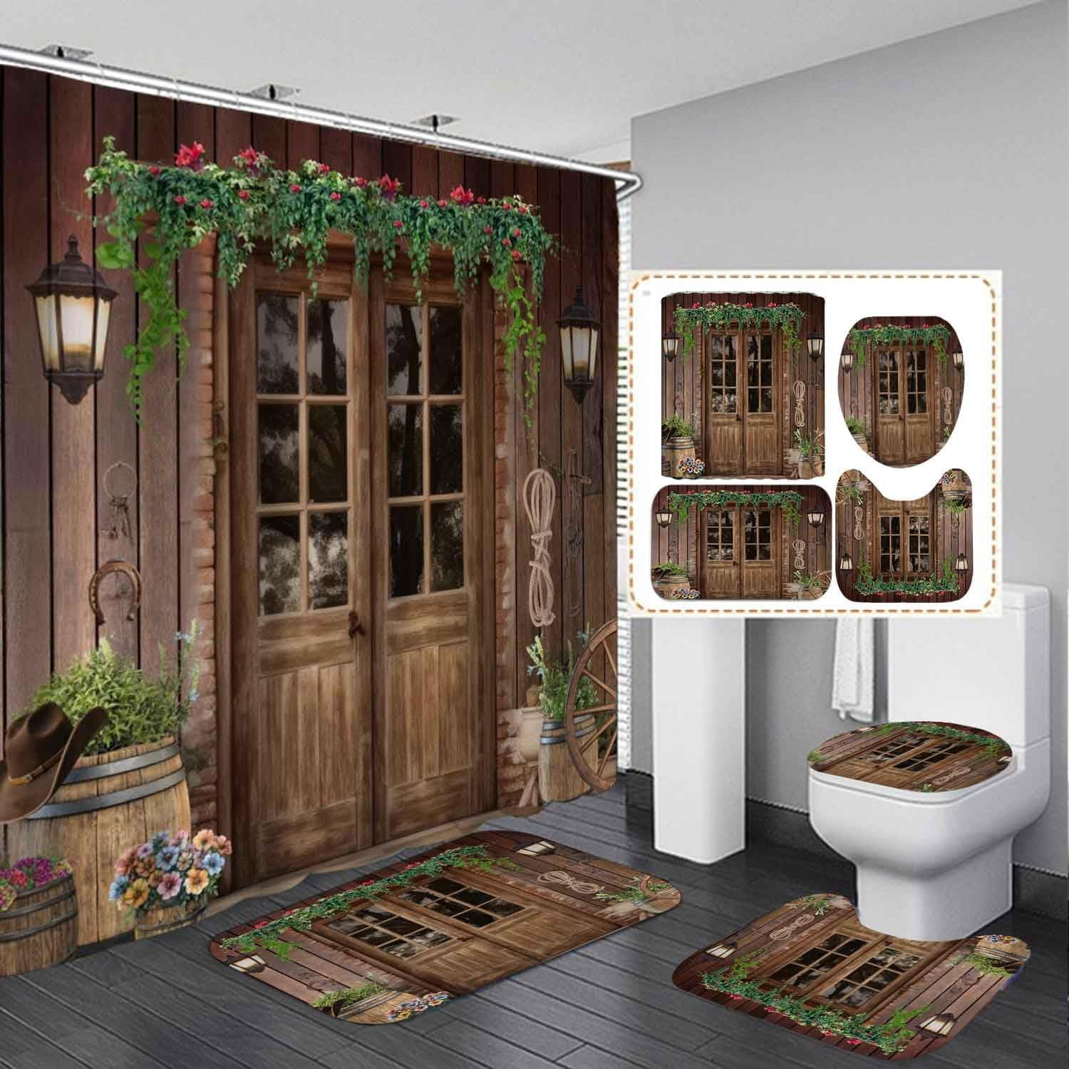 4PCS Fall Western Barn Door Shower Curtain Sets with Rugs, Waterproof ...