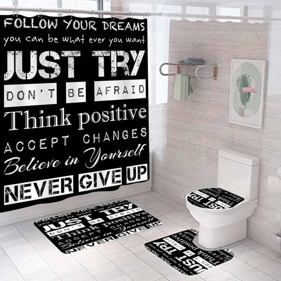 4PCS Family Rules Shower Curtain Sets, Vintage Rustic Farmhouse Barnwood Positive Motivational Inspirational Quotes Educational Bathroom Decor, Non-Slip Bath Mat Toilet Rug, Our Family Rules